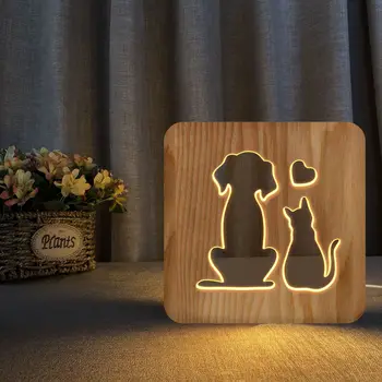 Kot i Pies Serce Kreatywny 3D Led Drewniany Świecznik Z Drewna Litego Z Pustych Gwintem Dekoracyjny lampka Nocna dla Dzieci Prezent Świąteczny Wystrój Domu