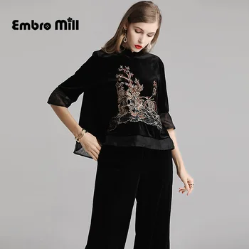 Nowy jesienny damski zestaw z dwóch przedmiotów, wysokiej jakości aksamitna płaszcz z haftem w stylu chińskim + eleganckie szerokie spodnie, zestaw z 2 przedmiotów, damska S-2XL