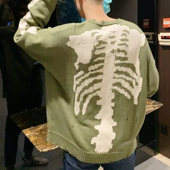 Otwór KAPITAL Szkielet Kości Druku Sweter 1:1 Dla Mężczyzn Dla Kobiet Crewneck Umyć Vintage Zielony Bluzy dla mężczyzn odzież z dzianiny