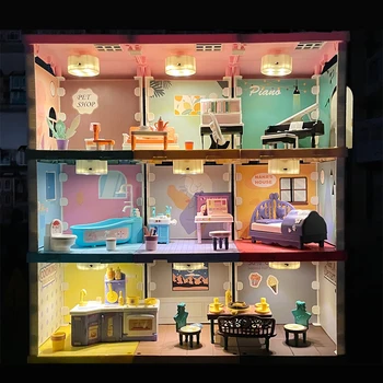 9в1 Diy Domek dla Lalek Zestaw Miniaturowe Domki Roombox Kuchnia Łazienka Sypialnia Mały domek dla Lalek Meble Model Zabawki Dla Dzieci, Prezenty