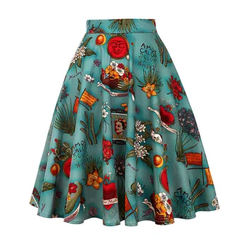 2020 Wzór Retro Spódnica w formie Trapezu z lat 50-tych, z Okrągłym Dekoltem, Świąteczna Tropikalna spódnica-huśtawka w stylu pin-up do kolan, Spódnice z kwiatowym Wzorem, Damskie VD0020