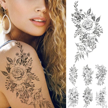 Kwiat Wodoodporna Tymczasowy Tatuaż Naklejka Piwonia, Róża, Lilia Mandala Flash Tatuaż Linia Henna Ręka Body Art Fałszywy Tatuaż Kobiety Mężczyźni