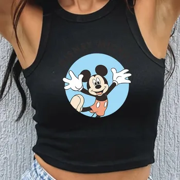 Kawaii Mickey Mouse Zabawy Retro Sztuka Gotycka Odzież Bez Rękawów Cienkie, Krótkie Topy Na Ramiączkach Harajuku Rocznika Bawełniane Koszulki-Камзолы
