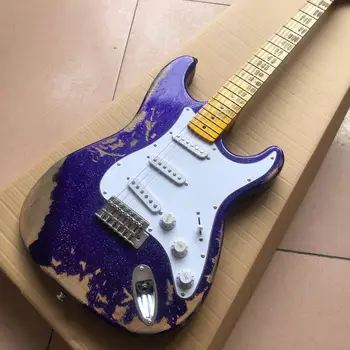 Nowe standardowe, niestandardowe retro-relikwie gitaar Pamiątki Ręcznie Fioletowy kolor ręcznie gitary elektrycznej Klonowy gryf
