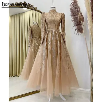 Arabski Złota Muzułmański Sukienka Z Długim Rękawem 2021, Luksusowa Sukienka Midi w Dubaju, Kobieca Elegancka Sukienka Z Wysokiej Szyi Długość Do Kostki